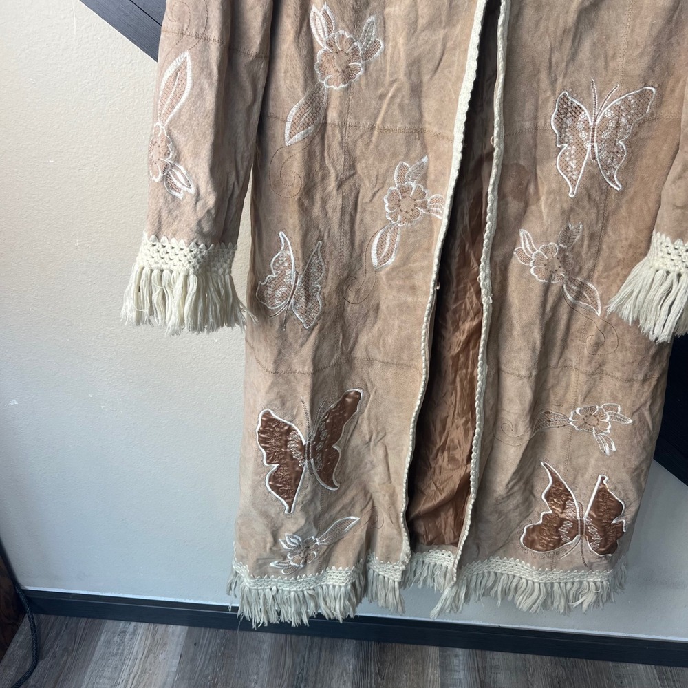 Via Accenti Womens Leather Hooded Duster Coat Butterfly Embroidered 14W Tan Boho - Picture 2 of 5